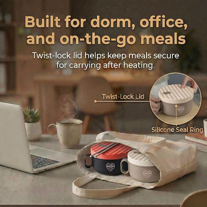 AI LOVE PEACE Microwave Noodle Bowl Set of 2, 40 oz Ramen Bowls with Lids, Dishwasher Safe Soup Bowl for Ramen, Pho, Pasta, Rice, College Dorm Essentials (Beige & Red)