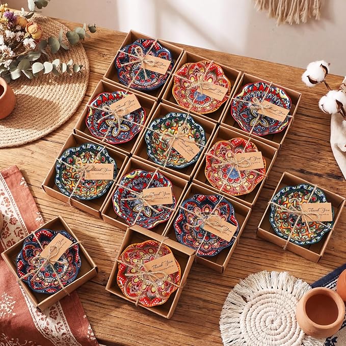 12 Pcs Wedding Favors for Guests 3.3 Inches Small Ceramic Bowl Dipping Bowl Mexican Pottery Boho Dishes Wedding Souvenirs for Bridal Pooja Baby Shower Birthday Guest Return Gift (Floral)