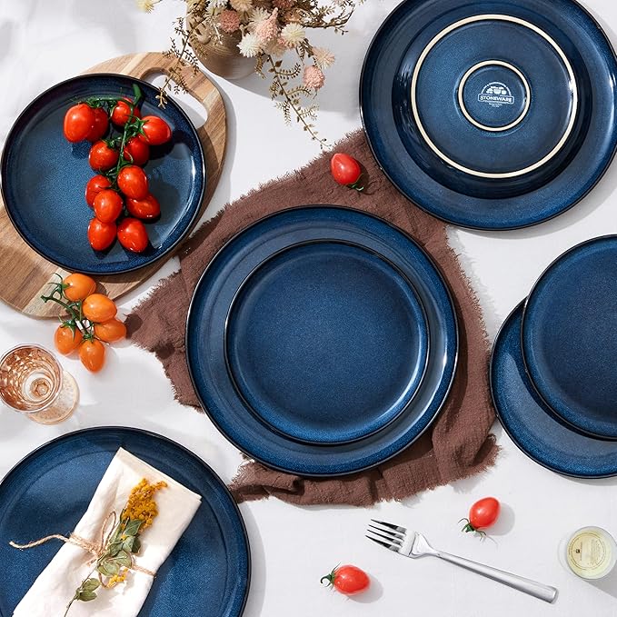 Herogo 4-Piece Stoneware Dinner Plates Set, 10.43" Ceramic Round Plate Set, Double Reactive Glaze Large Dinnerware Plates for Kitchen, Microwave, Oven and Dishwasher Safe, Starry Blue