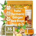 FreshDrinkUS, Premium 35 Tulsi Turmeric Ginger Tea Bags, 100% Natural & Pure from Tulsi Holy Basil Leaves, Turmeric and Ginger. Made with Natural Material Tea Bags. No Sugar, No Caffeine, Vegan.