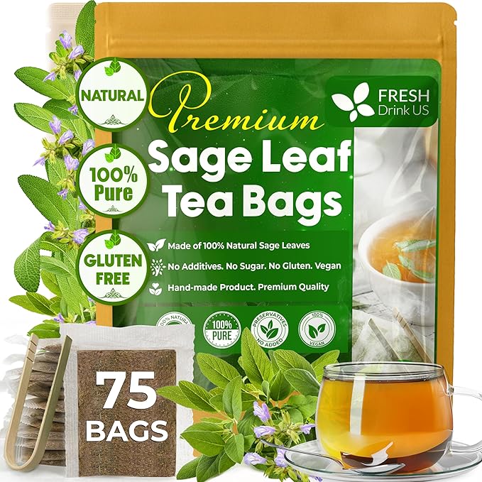 FreshDrinkUS, 75 Sage Leaf Tea Bags, 100% Natural & Pure from Sage Leaves. Loose Leaf Sage Herbal Tea. Sage Leaf Tea. Made with Natural Material Tea Bags. No Sugar, No Caffeine, No Gluten, Vegan.
