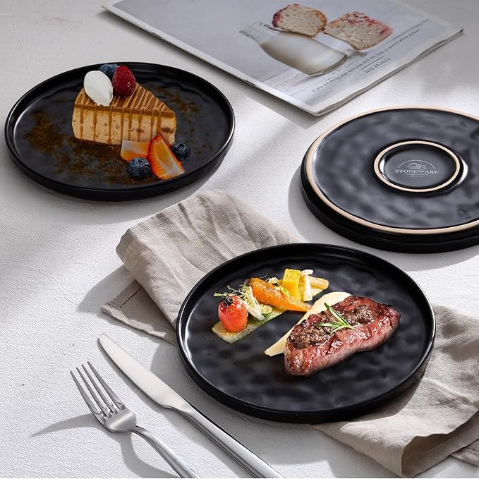 LIANYU 10.2 Inch Dessert Plates of 4, Kitchen Ceramic Dinner Plates Set, Dinnerware Serving Dishes Set, Dinnerware Salad Appetizer Plates for Microwave Dishwasher Oven, Chip Resistant, Obsidian Black