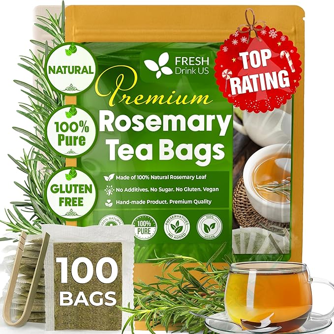 FRESHDRINKUS, Premium 100 Rosemary Leaf Tea Bags, 100% Natural and Pure Rosemary Dried Leaves, Pure Rosemary Herbal Tea, No Additives, No Caffeine, No Gluten, Vegan.