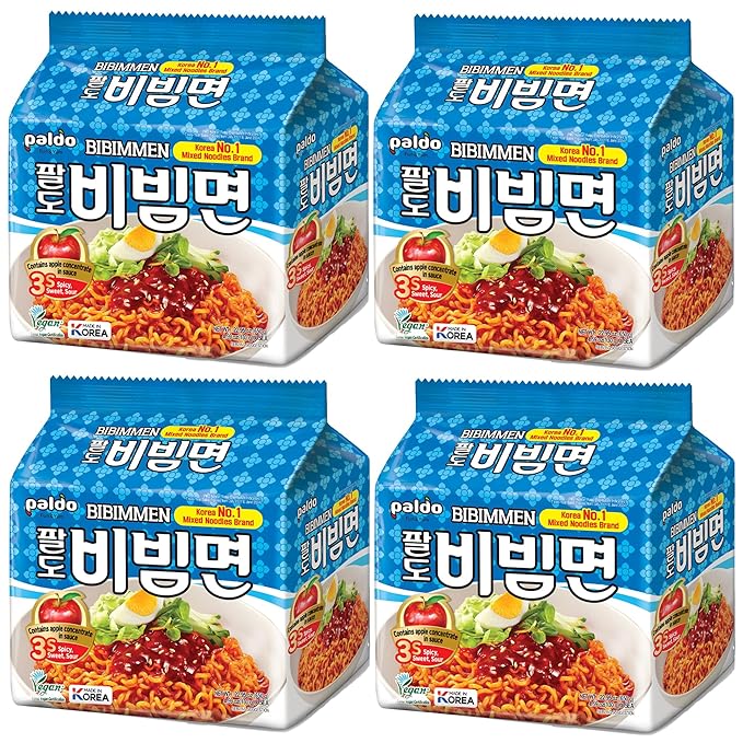 Paldo Fun & Yum Bibimmen Instant Cold Noodles, Pack of 20, Brothless Cold Ramen with Sweet & Spicy Seasoning Sauce, Oriental Style Korean Ramyun, Soupless K-Food, Family Pack (130g x 20)