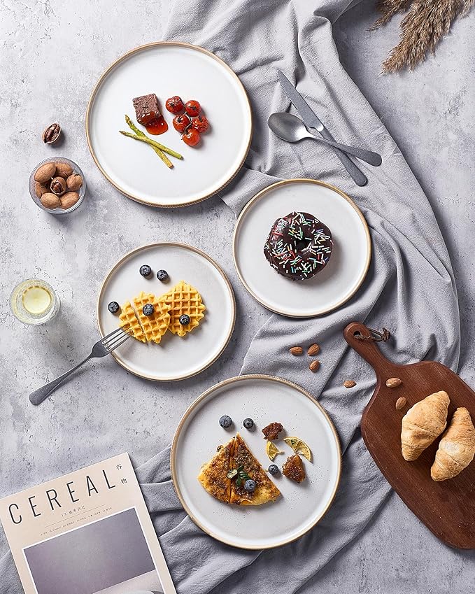 famiware Star Salad Plates for 6, 8 inches Plate Set, Stoneware Dinnerware, Small Dinner Plates for Dessert, Salad, Appetizer, Cappuccino White (Pack of 2)
