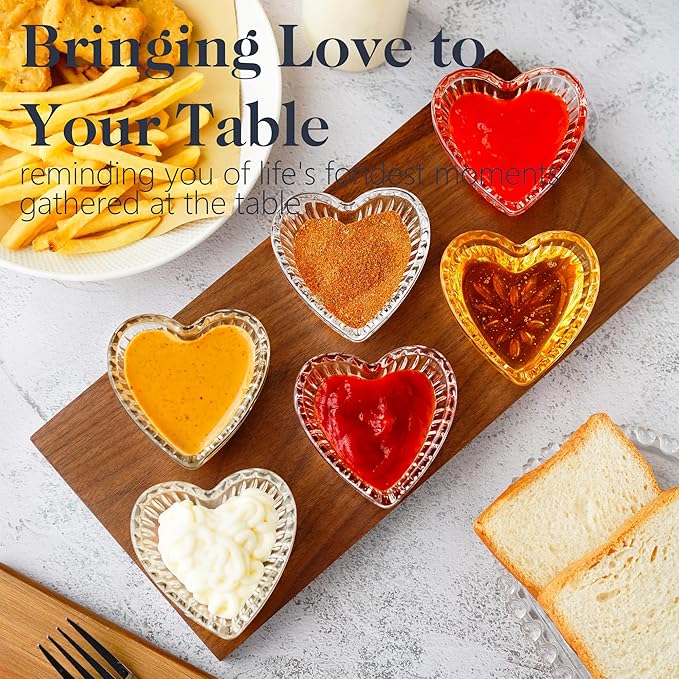 kanpura Mini Glass Bowls, Heart-shaped Prep Bowl, Dishwasher Safe, Pinch Bowls for Dipping Spices Sauce, Stackable, 2 oz, Set of 6, (Clear)