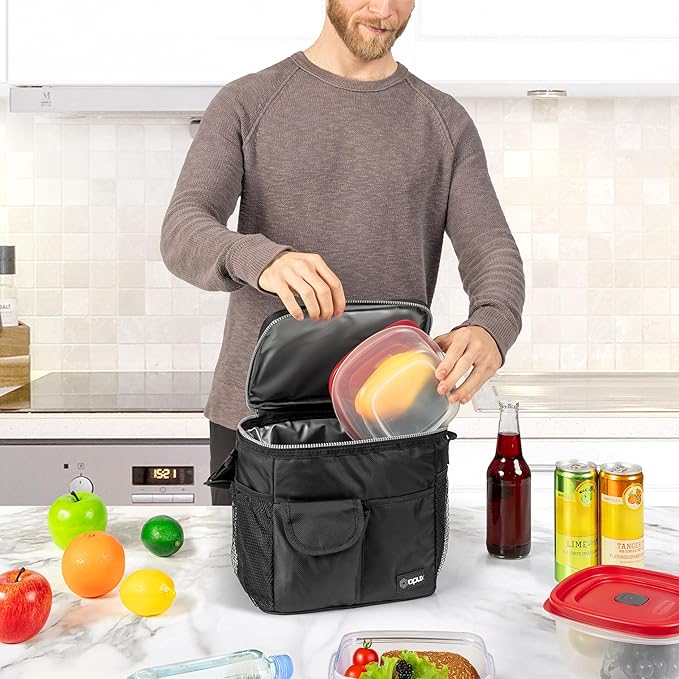 opux Insulated Lunch Box for Men Women Kids, Leakproof Reusable Lunch Bag Cooler for Work School Office, Soft Thermal Lunchbox Tote with Shoulder Strap for Boys Girls Adults, Black, 18 Can/10L