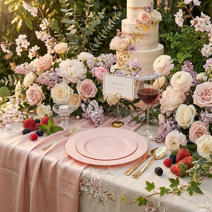FLOWERCAT 60PCS Pink Plastic Plates - Heavy Duty Pink Plates Disposable for Spring Party&Mother's Day/Wedding - serving 30 guests Include 30PCS 10.25inch & 30PCS 7.5inch