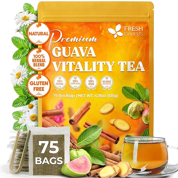 FreshDrinkUS, Premium Guava Vitality Tea | 75 Tea Bags | Guava Leaves, Cinnamon Stick & Ginger Herbal Tea – Caffeine Free Botanical Infusion – Warm & Aromatic Daily Tea – 100% Natural Ingredients