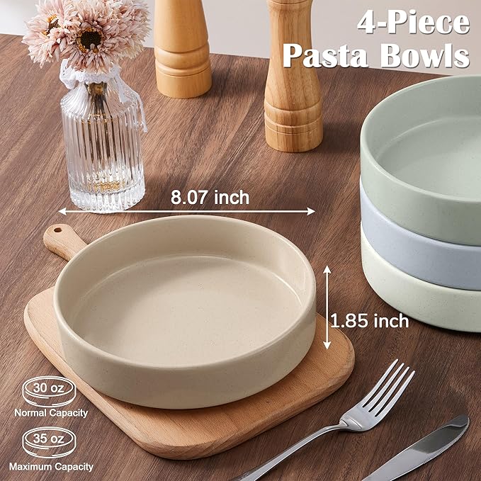 E-far Pasta Bowls Set of 4, 35oz Ceramic Large Salad Bowl Plates for Serving Soup Dinner, Shallow Stoneware Pasta Plate, Microwave & Dishwasher Safe, Speckled Multicolor
