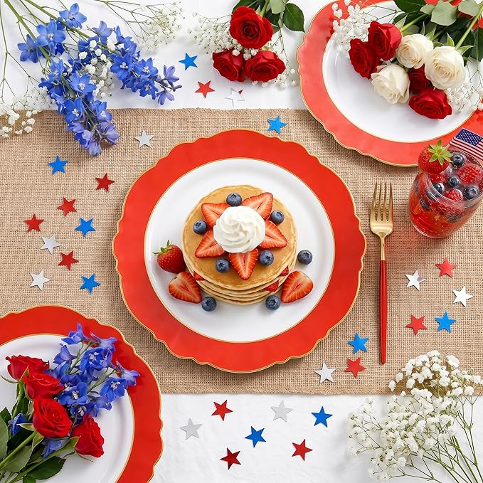 WDF 60pcs Red Plastic Plates with Gold Rim - 10.25inch Red Dinner Plates Disposable Plates for Mother's Day Wedding Party Birthday/Memorial Day/4th of July