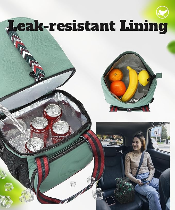 SUNNY BIRD Dual Compartment Lunch Bag Insulated Lunch Box for Women and Men (Green with boho strap)