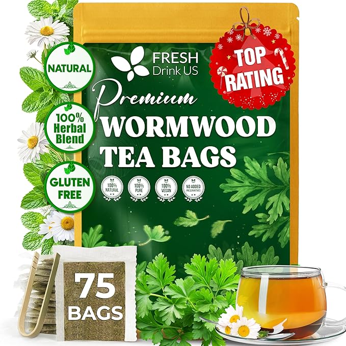 FreshDrinkUS, Premium Wormwood Tea - 75 Tea Bags - Handcrafted Herbal Blend, Caffeine-Free – Smooth Taste & Naturally Refreshing.
