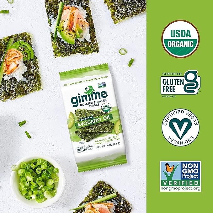 Gimme Seaweed Organic Premium Roasted Seaweed Snacks,Sea Salt & Avocado Oil,Keto,Vegan,Gluten-Free,Great Source of Omega3s and Iodine,Healthy On-The-Go Snack for Kids and Adults,6 Count (Pack of 2)