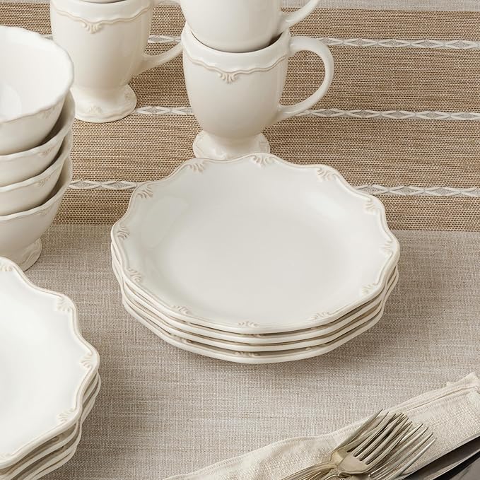 Heritage Scroll 9-Inch Salad Plates, Set of 4 – Elegant Ivory Stoneware with Sculpted Scroll Design & Scalloped Edge – Classic Accent Plates for Dining & Entertaining