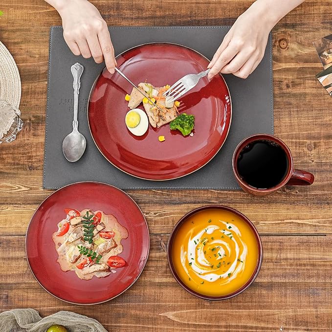 vicrays Ceramic Round Plates Set of 6 - Porcelain 10 inch Dinner Plates for Salad Dessert Appetizer Bread - Microwave Oven and Dishwasher Safe Cherry Red