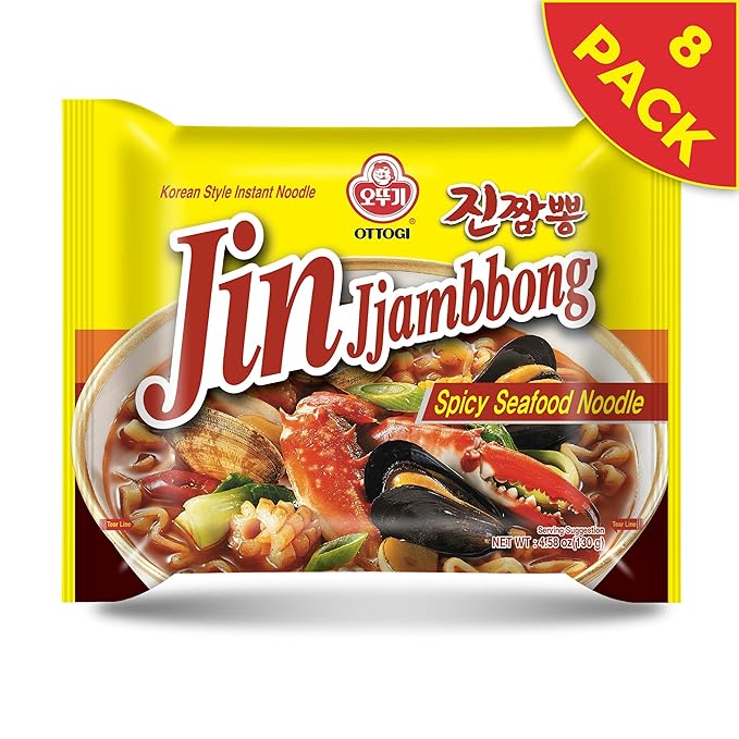 OTTOGI JIN Jjambbong Korean Instant Ramen – Spicy Seafood Noodles, Red Broth, 4.58 oz (Pack of 8)