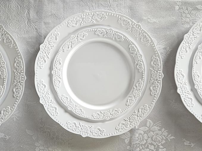 OCCASIONS 50 Pack (25 Guests) Heavy Duty Fancy Disposable Plastic Plates Set - 25x10.25'' Dinner + 25x7.5'' Dessert Plates for Wedding, Party, Birthday, Bridal Shower, BPA Free (Portofino Plain White)