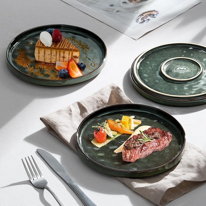 LIANYU Ceramic Dessert Plates Set of 6, 7.9 Inch Kitchen Dinner Plates Set, Porcelain Serving Dishes for Cake, Bread, Salad, Snack and Steak, Microwave, Oven and Dishwasher Safe, Ink Green