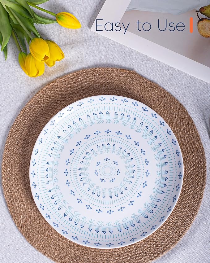 LaGlint 10.5 inch Dinner Plate Set of 6, Lightweight Round Opal Glass Dinnerware Plates, Dishwasher and Microwave Safe, Navy Geometric Floral Mandala Pattern