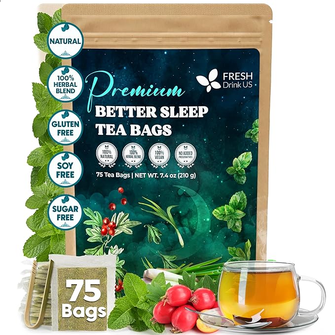 FreshDrinkUS, Premium 75 Tea Bags Better Sleep Herbal Tea | Caffeine-Free Loose Leaf Blend with Spearmint Leaves, Lemongrass Leaves, and Hawthorn Berry – Naturally Refreshing and Aromatic.