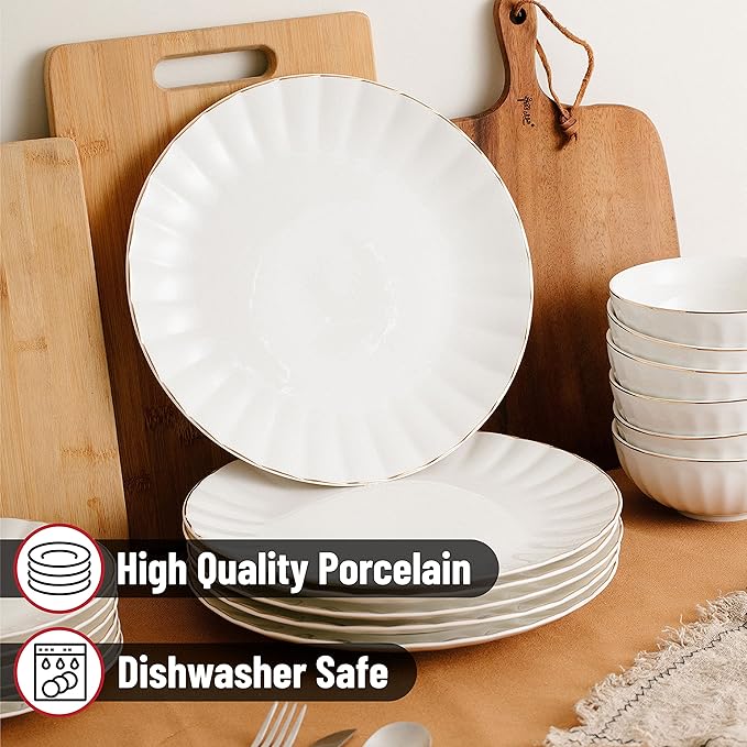 BTaT- White Dessert Plates, Set of 6, 8 inch, White Porcelain with Gold Trim, Small Plate, Small Appetizer Plates