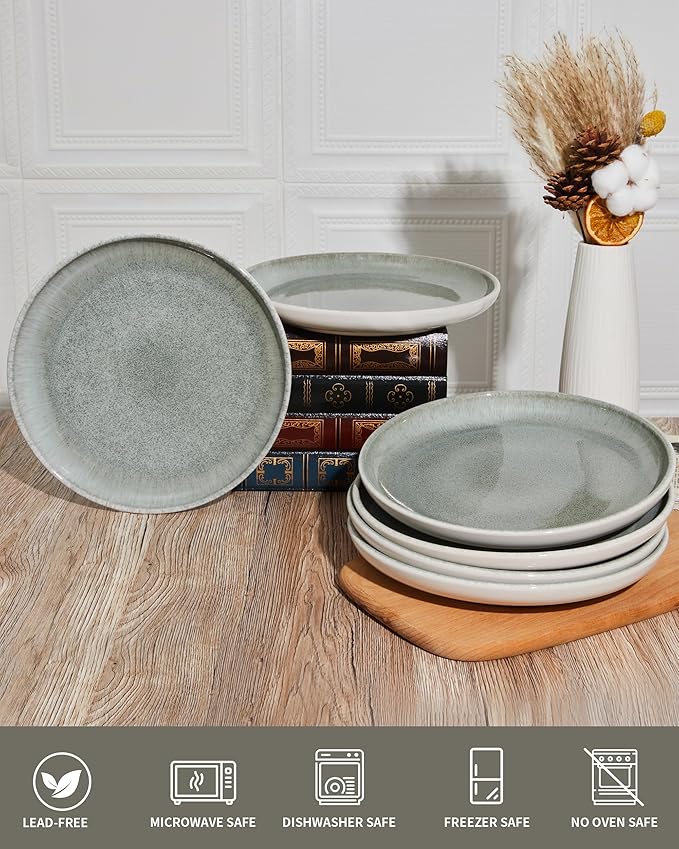 Pokini Gradient Green Dinner Plates Set of 6, 10 Inch Reactive Glaze Ceramic Plates Set, Modern Dinnerware Dishes Set for Kitchen, Microwave & Dishwasher Safe, Highly Chip and Crack Resistant