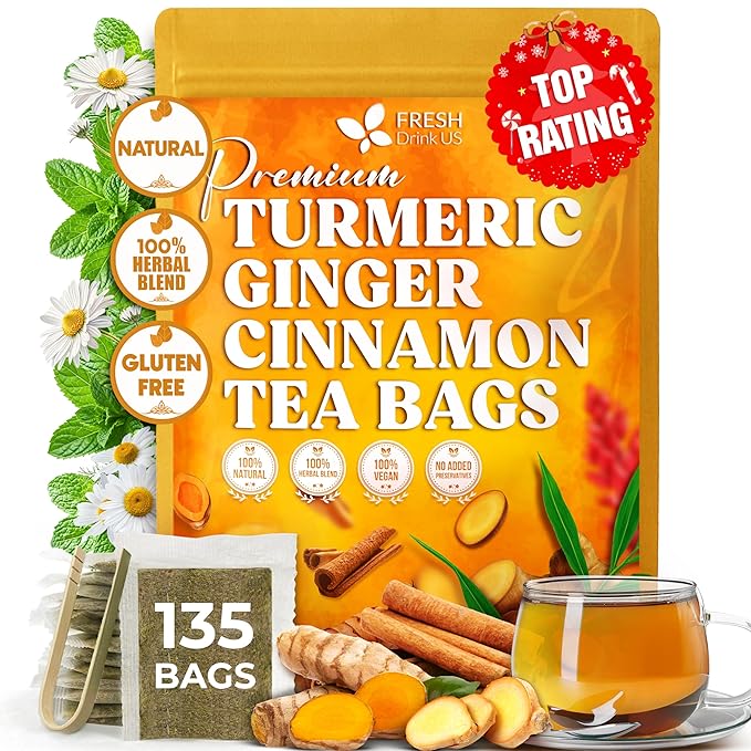 FreshDrinkUS, Premium Turmeric Ginger Cinnamon Tea Bags | 135 Tea Bags | Herbal Spice Tea Blend, Naturally Caffeine Free, Warm & Aromatic Flavor, 100% Natural Ingredients, Convenient Tea Bags