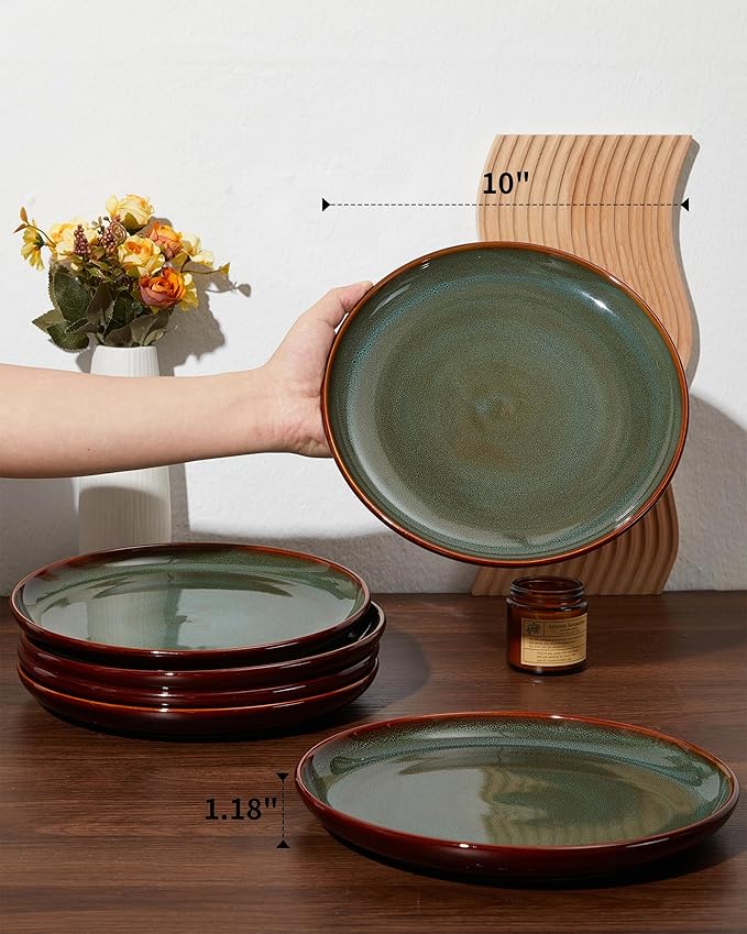 Pokini Stoneware Dinner Plates Set of 6, Ceramic Plates With Lipped Edges, Microwave/Dishwasher Safe, Modern Rustic Dinnerware, Kitchen Reactive Glaze Serving Dishes, Brown Green