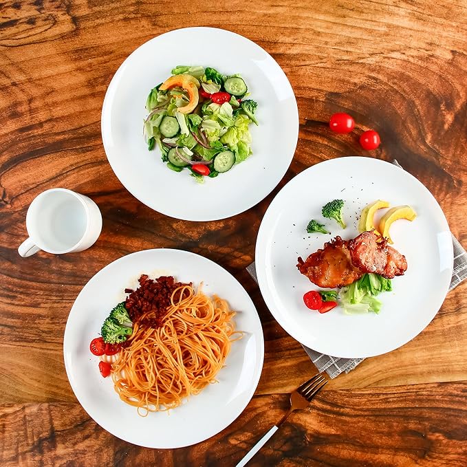 Dinner Plates Set of 12, 10-1/2 inch Glass Salad Plate Set Scratch Resistant, Kitchen White Plates for Serving Dishes, Microwave and Dishwasher Safe