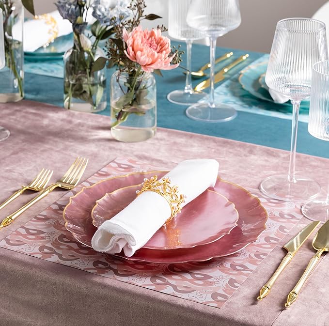 PLASTICPRO 24 Piece Aristocratic Combo Plastic Dinner Plates Disposable Plastic Fancy Heavy Duty Party Dishes 12, 7'' inch and 12, 10'' inch, Pearl Pink With Gold Rim