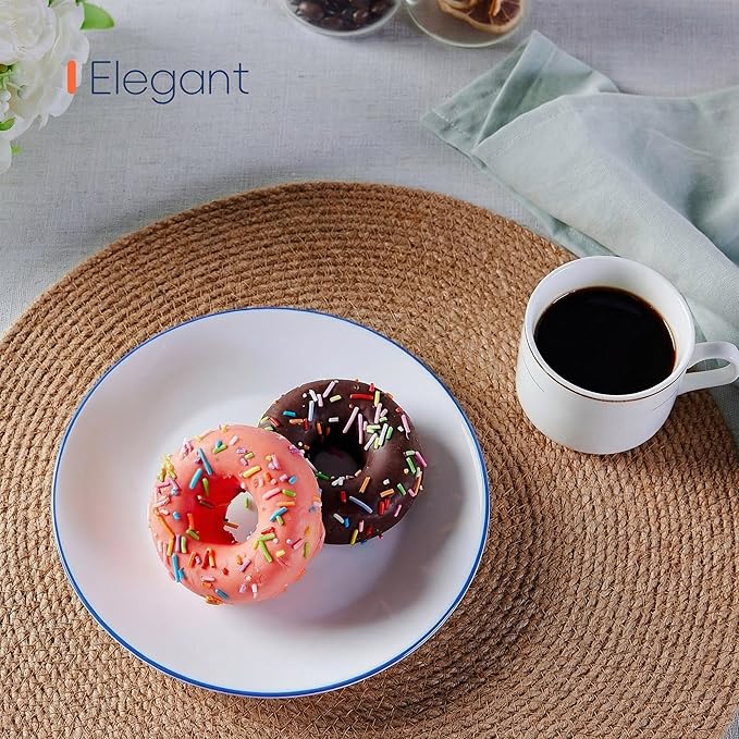 LaGlint 7.5 inch Appetizer Plate Set of 6, Lightweight Opal Glass Round Salad Plates for Dessert Kitchen, Dishwasher and Microwave Safe, Hand Painted Navy Blue Rim