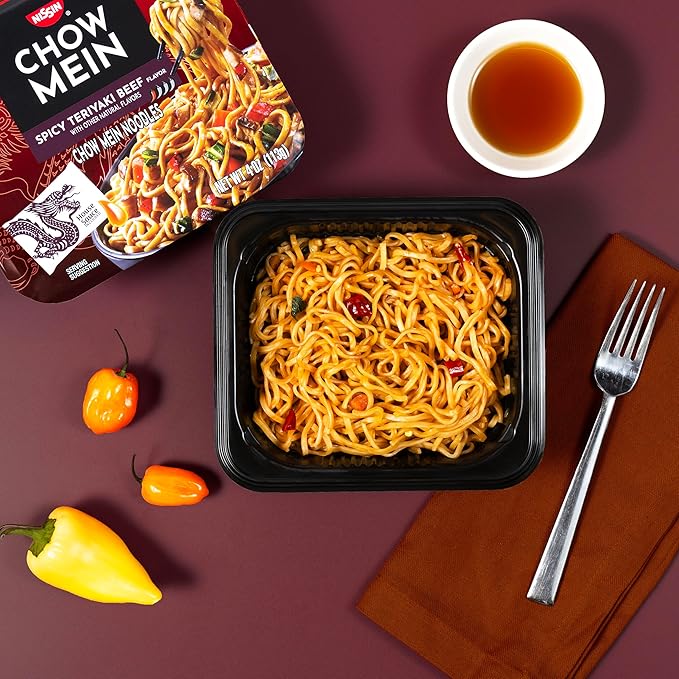 Nissin Chow Mein Noodles, Spicy Teriyaki Beef, 10g Protein, 4 Ounce (Pack of 8)