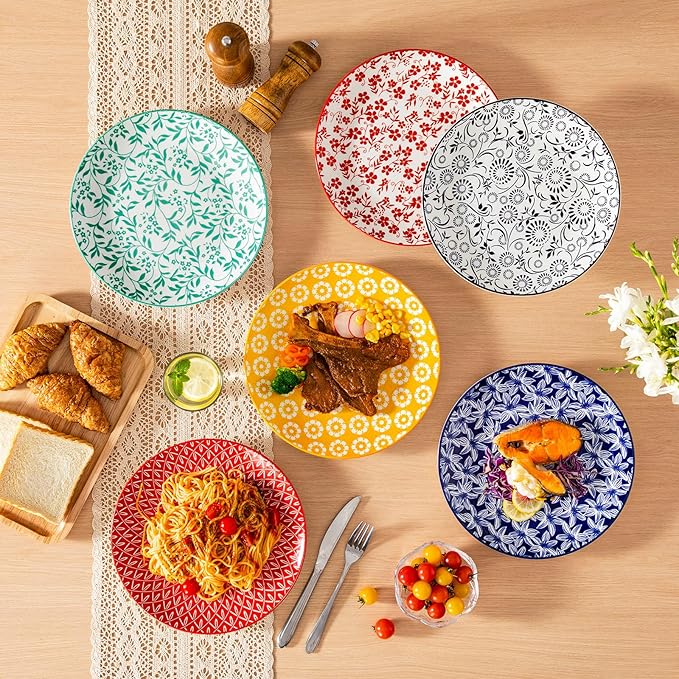 vancasso Ceramic Dinner Plates Set of 6, Large Vintage Plates 10.25 Inch Set of 6 for Kitchen, Porcelain Colorful Plates for Kitchen, Microwave Oven Dishwasher Safe, Vintage Gift, Muted