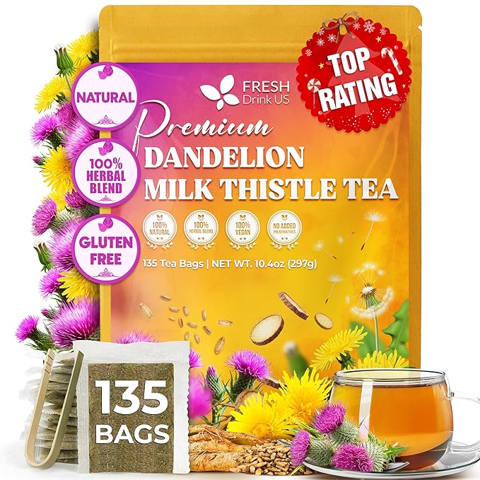 FreshDrinkUS, Premium Dandelion Milk Thistle Herbal Tea | 135 Tea Bags | Herbal Blend with Dandelion Root & Milk Thistle Seed – Clean Plant-Based Daily Tea, Naturally Caffeine Free. Sugar Free. Vegan
