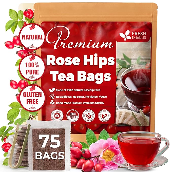 FreshDrinkUS, Premium 75 Rosehip Tea Bags, 100% Natural & Pure from Rose Hip Fruits. Loose Rosehip Herbal Tea. Made with Natural Material Tea Bags. No Sugar, No Caffeine, No Gluten, Vegan.