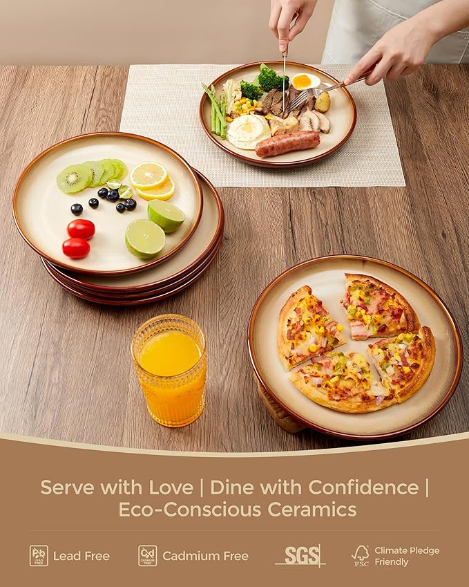 Pokini 10 Inch Dinner Plates Set of 6, Stoneware Round Salad Dessert Plates, Serving Plates, Microwave & Dishwasher Safe, Brown and Yellow