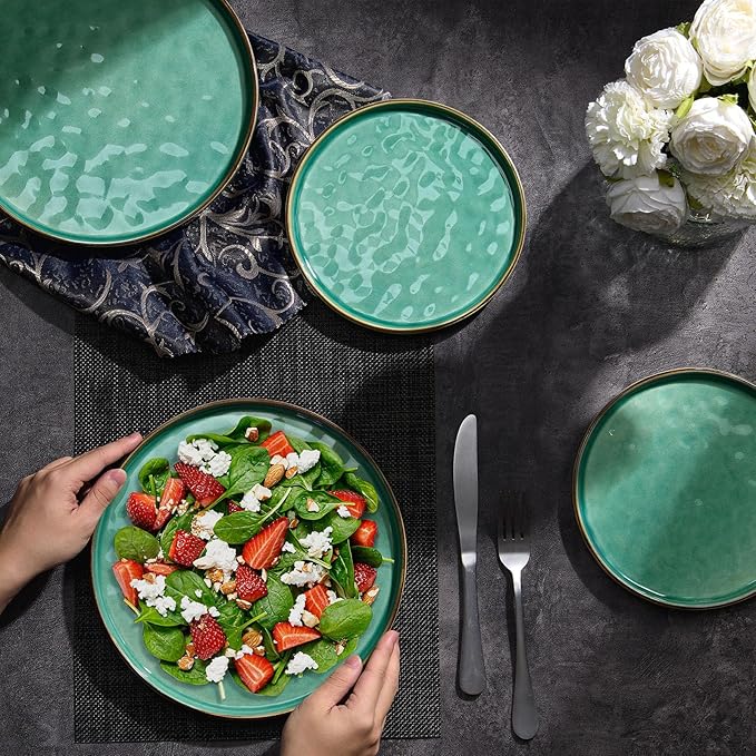 LIANYU Ceramic Dessert Plates Set of 6, 10.2 Inch Kitchen Dinner Plates Set, Porcelain Serving Dishes for Cake, Bread, Salad, Snack and Steak, Microwave, Oven and Dishwasher Safe, Emerald Green