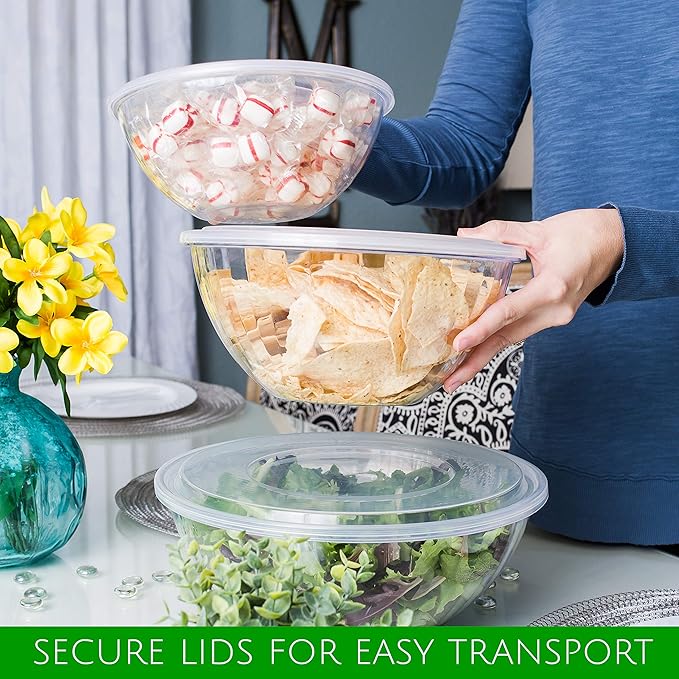 PLASTICPRO Disposable 96 Ounce Round Crystal Clear Plastic Serving Bowl With Lid - Party Snack or Salad Container, Chip and Candy Dish - Pack of 4
