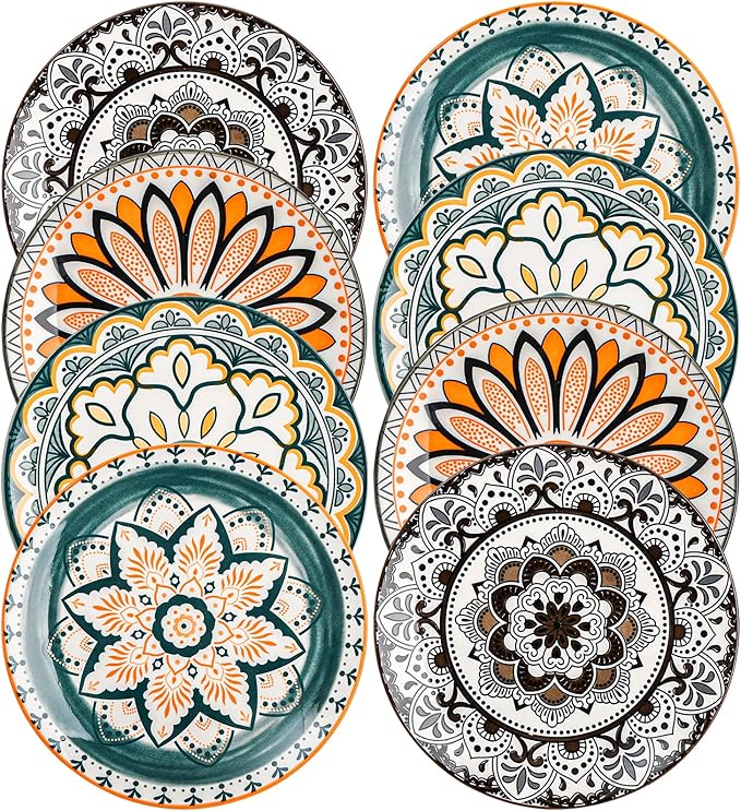 Foraineam 8 Pieces Salad Plates, 8.5 Inch Porcelain Floral Dessert Plates, Colorful Round Lunch Plate Sets for Appetizer Salad Fruit Snack, Dishwasher and Microwave Safe