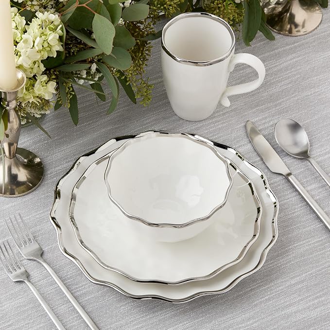 Regency Silver 11-Inch Porcelain Dinner Plates – Set of 4 Luxury Silver-Rimmed Dishes – Durable, Dishwasher-Safe Fine Tableware for Formal Dining, Holiday Gatherings & Everyday Kitchen Essentials