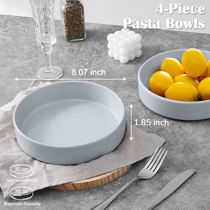 E-far Pasta Bowls Set of 4, 35oz Ceramic Large Salad Bowl Plates for Serving Soup Dinner, Shallow Stoneware Pasta Plate, Microwave & Dishwasher Safe, Speckled Gray