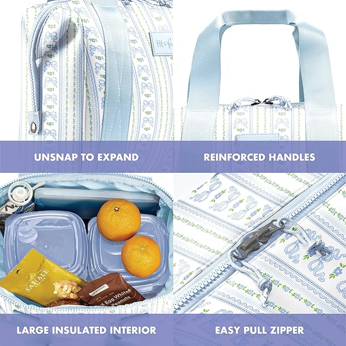 Fit & Fresh Remi Lunch Bag for Women Work – Neoprene Lunch Tote with Containers & Ice Pack, Reusable Meal Prep Lunch Box, Large Capacity, Machine Washable, Blue Wallpaper Bows