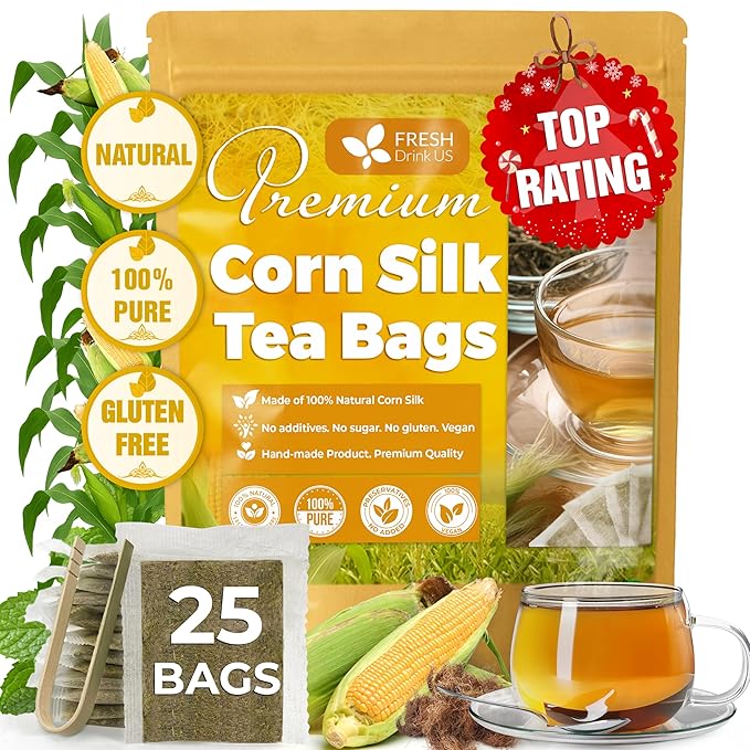 FreshDrinkUS, Premium 25 Tea Bags Corn Silk Tea, 100% Natural & Pure from Corn Silk. Herbal Tea. Clean Ingredients. Made with Natural Material Tea Bags. No Sugar, No Caffeine, Vegan.