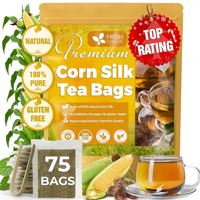 FreshDrinkUS, Premium 75 Tea Bags Corn Silk Tea, 100% Natural & Pure from Corn Silk. Corn Silk Herbal Tea. Clean Ingredients. Made with Natural Material Tea Bags. No Sugar, No Caffeine, Vegan.