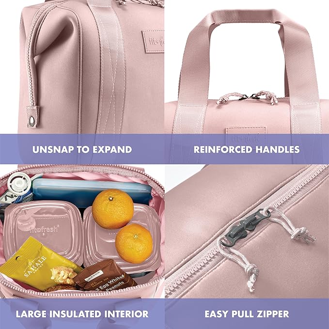 Fit & Fresh Remi Lunch Bag for Women Work – Neoprene Lunch Tote with Containers & Ice Pack, Reusable Meal Prep Lunch Box, Large Capacity, Machine Washable, Mauve