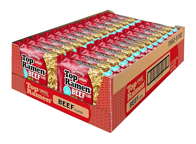 Nissin Top Ramen Noodle Soup, Beef, 3 Ounce (Pack of 48)
