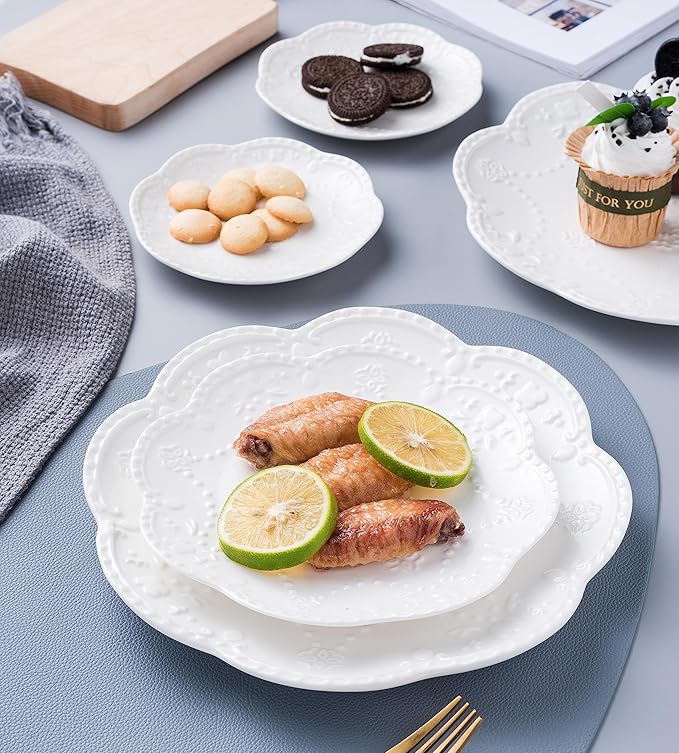 CLAY TONIC 8 In Embossed Lace White Porcelain Plate-Dinner Plate Set, Pasta/Salad/Dessert Plate Tableware Set for Restaurant Family Party Kitchen Use -4 Plates, CL-PL015 (8 Inche, White)
