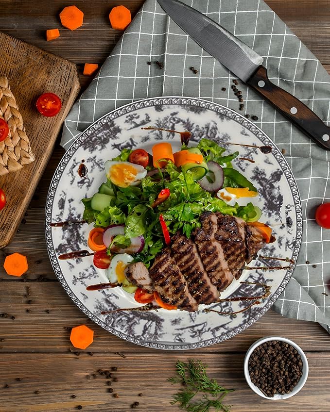 W&S CLASSICS Classic French Luxury Round Dinner Plates | 10.5 Inches Colorful Ceramic Flat Plates – Set of 6| Large Serving Plates for Party | Dishes for Appetizer, Salad, Desert, Steak (Black)