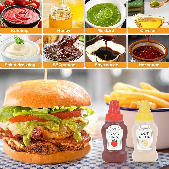 DualFerv 12Pcs Mini Ketchup Bottles, Portable Mini Squeeze Bottle, Mini Sauce Condiment Bottles and Dressing to Go for Lunch(25ml/0.88oz)